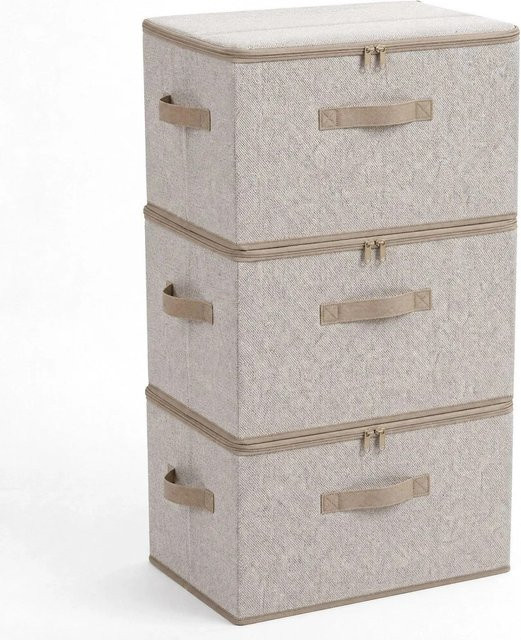 Sekey Aufbewahrungsboxen 3er Set mit Deckel, beige, 45 l, stapelbar und faltbar, Organizer aus Vliesstoff für Kleidung und Regale - Bild 1