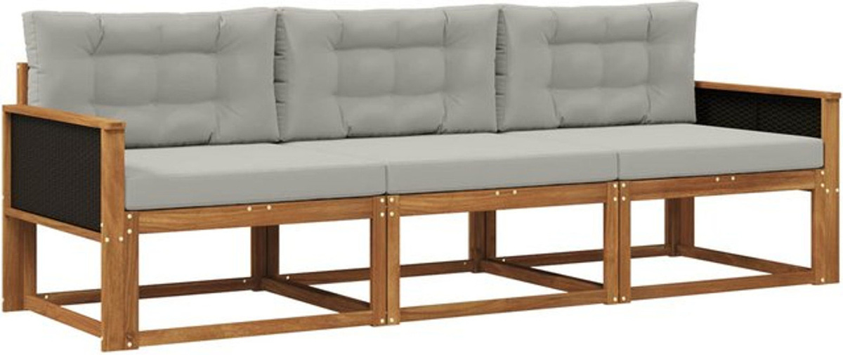 Modernes 3-teiliges Outdoor-Sofagarnitur Loungemöbel Set aus Massivholz mit Kissen von vidaXL in Natur und Grau - Bild 1