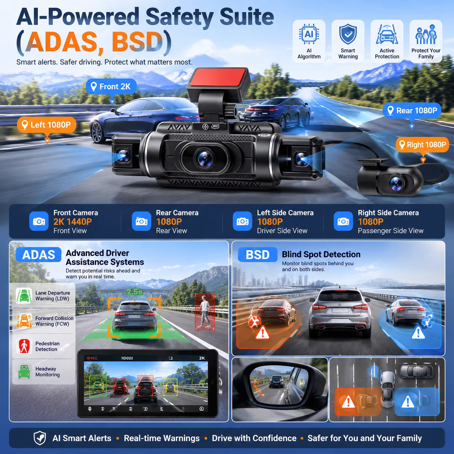 Bluavido 4-Kanal 4G LTE Dashcam mit 1440P Frontkamera und dreifacher 1080P Rückkamera, Schwarz, mit GPS, WLAN, ADAS, BSD und Fernüberwachung - Bild 5