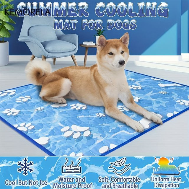 KEMORELA Selbstkühlende Kühlmatte für große Hunde und Katzen, waschbare Eisseiden-Kühlmatte in Blau - Bild 1