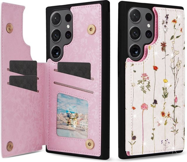 OLPAY Blumen Leder-Brieftasche als Kartenhalter und Flip-Telefonhülle für Samsung Galaxy S25, S24 Ultra, S22 Plus, S23 FE und S25 5G mit Doppelschnalle - Bild 1