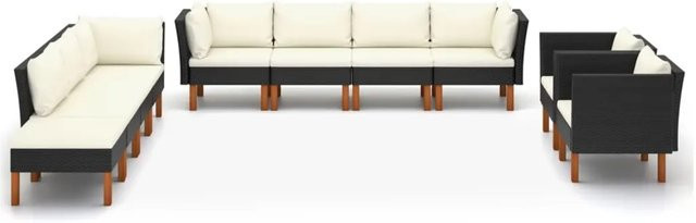 vidaXL 10-tlg. Garten-Lounge-Set aus PE-Rattan und Eukalyptusholz in Schwarz mit cremeweißen Polstern - Bild 1