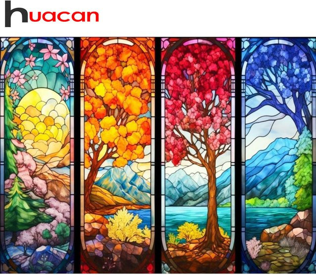 Huacan 5D DIY Diamantmalerei Vier Jahreszeiten Landschaft mit Blumen und Bäumen, Mosaik Stickerei Set in Mehrfarbig, B/H: 30 x 20 cm - Bild 1