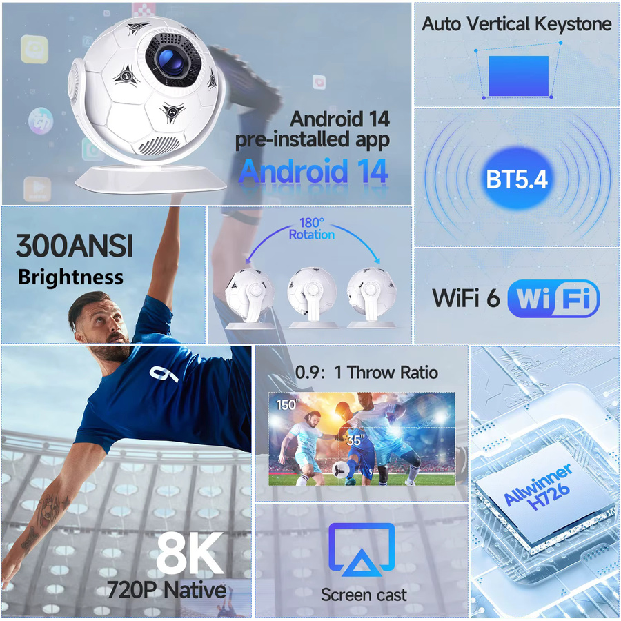 Magcubic HY300F Mini LED Projektor mit Android 14, 8K Unterstützung, WiFi 6 und Bluetooth 5.4, Farbe: Weiß - Bild 2