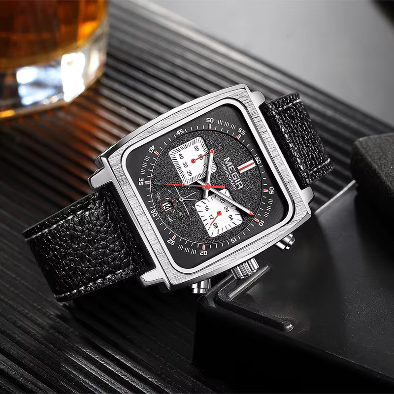 MEGIR Armbanduhr, Quarz, blau, schwarzes eckiges Zifferblatt, Lederband, Herren - Bild 2