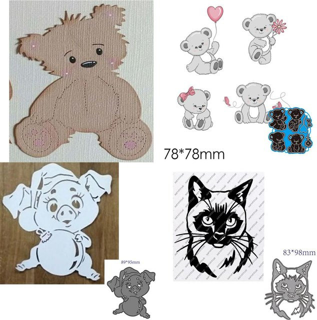 Metall Stanzform Set mit Tier-Motiven Bär Frosch Schwein Katze für Scrapbooking und Bastelarbeiten - Bild 1