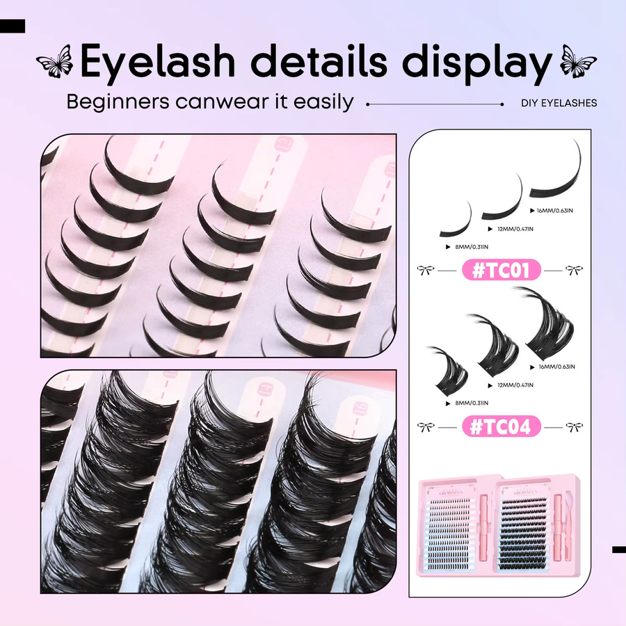 GROINNEYA Wimpernverlängerungs-Set, Einzelne Wimpern-Cluster, Natürlich - Bild 3