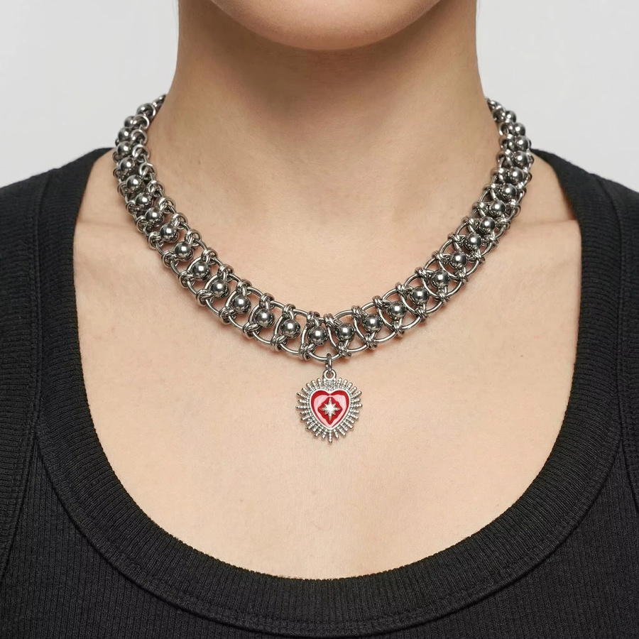 EDY STONE Halskette, Perle, Rotes Herz, Silber, Unisex - Bild 3