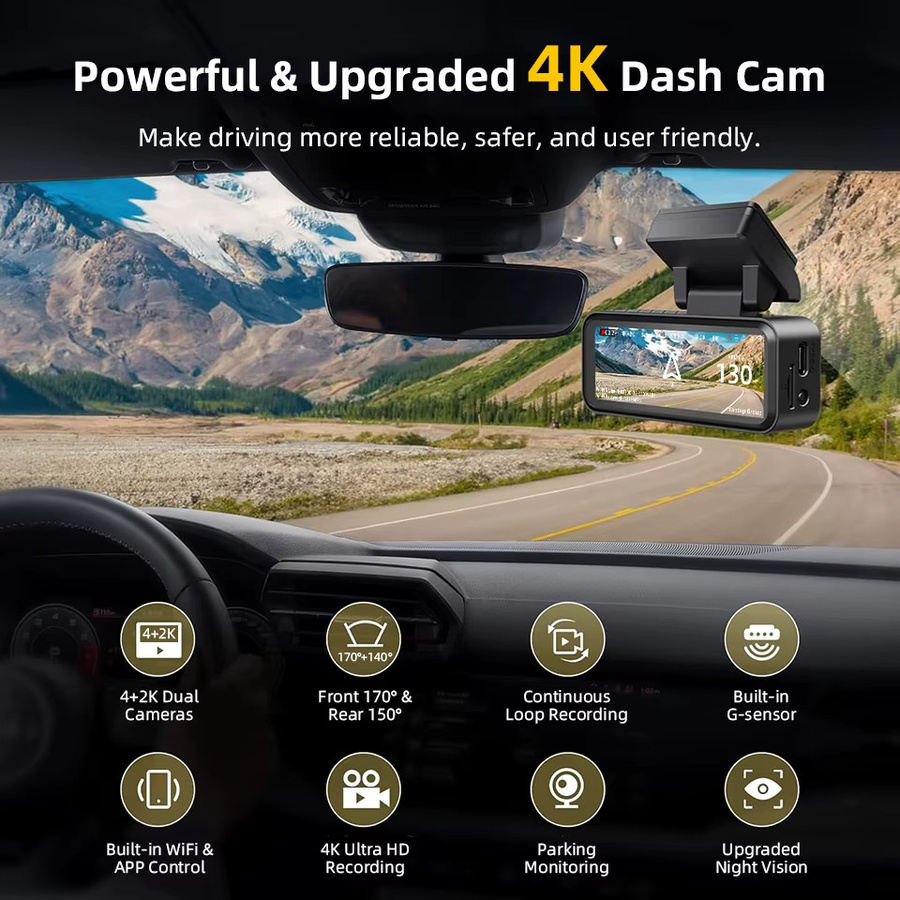 Acceo 4K Dashcam mit WLAN und GPS, Dual-Objektiv mit 2.5K Rückfahrkamera, Nachtsicht und 24H Parküberwachung, Black Box Videorekorder in Schwarz - Bild 2