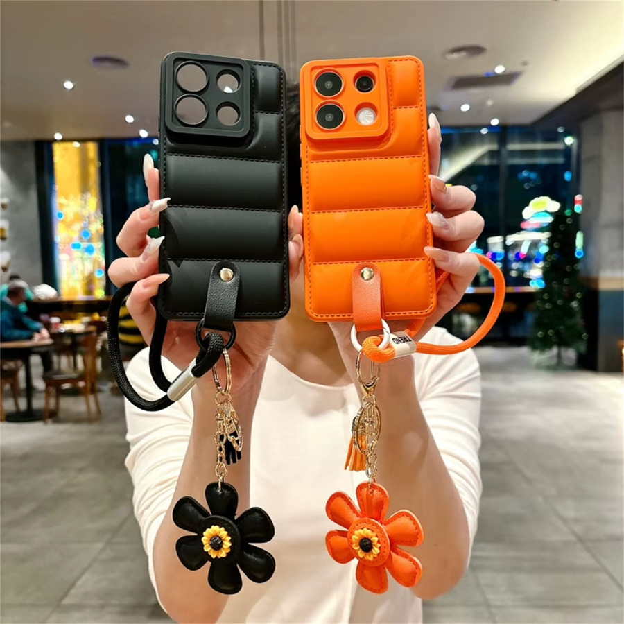 Luxuriöse weiche Daunenjacke Handyhülle mit Sonnenblumen-Handgelenkschlaufe für Xiaomi Redmi Note 14, 13, 12 Pro, Redmi 12, 14C, 13C in Pink - Bild 3