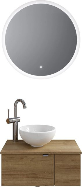 Pelipal Badmöbel-Set Serie 6915 Riviera Eiche mit Waschtischunterschrank, Waschtischplatte, Keramik Aufsatzbecken und Funktionsspiegel mit LED-Beleuchtung und Sensor-Schalter, Farbe: Braun/Eiche - Bild 1
