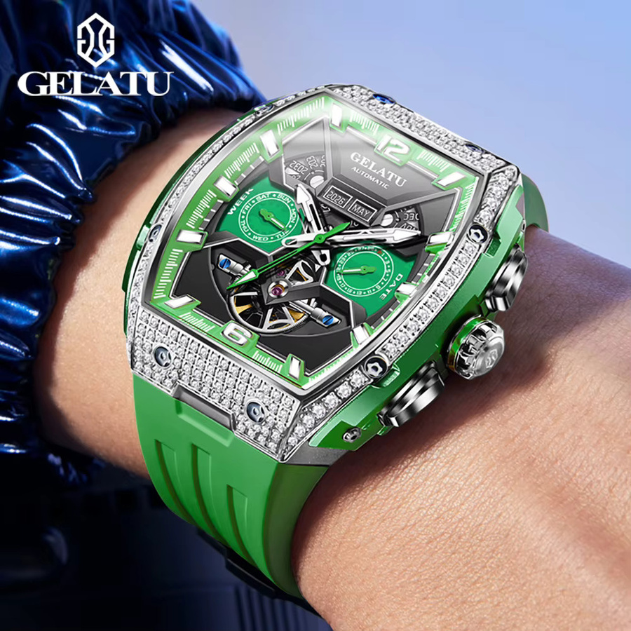 GELATU Armbanduhr, Automatik, Diamant, Silikonarmband, Herren, Grün - Bild 3