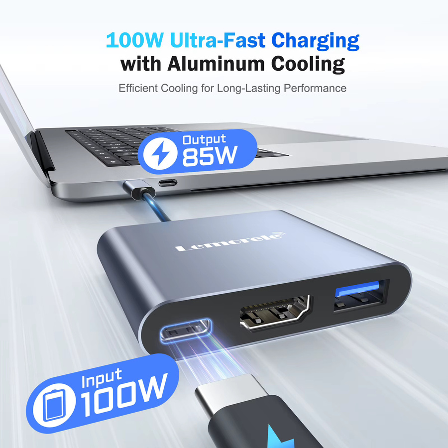 LEMORELE 3 in 1 USB C Hub PD 100W Dockingstation mit HDMI und USB-C Multiport Adapter für MacBook Pro/Air und Windows - Bild 2