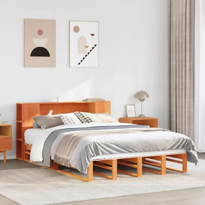 Massivholzbett aus Kiefer mit Regal von Vidaxl in Braun, B/T/H: 140 x 200 cm - Bild 1