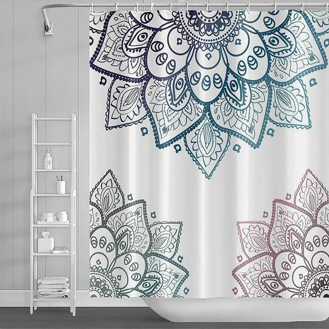 Wasserdichter Duschvorhang mit böhmischem Mandala-Design in Blau, Rosa und Weiß, inklusive Haken-Set, B: 90 cm, H: 180 cm - Bild 1