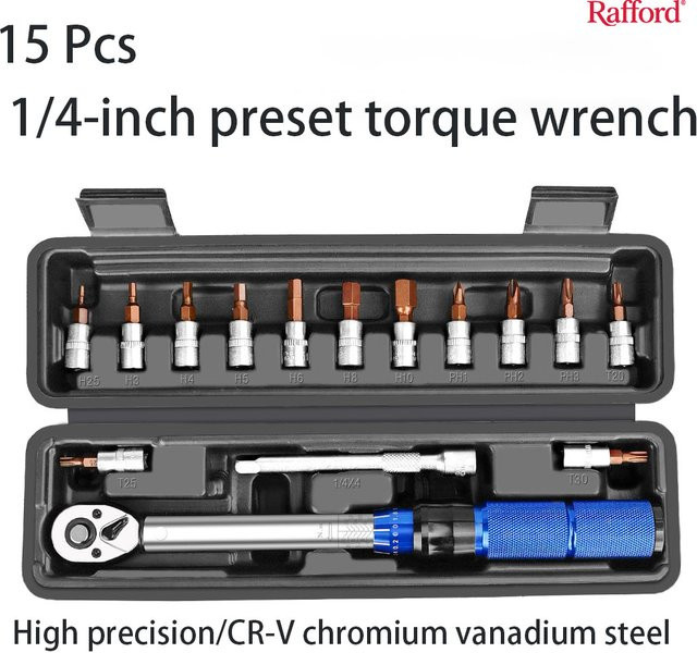 Rafford Drehmomentschlüssel Set mit 1/4-Zoll-Antrieb aus Chrom-Vanadium-Stahl in Silber, 15 Stück - Bild 1
