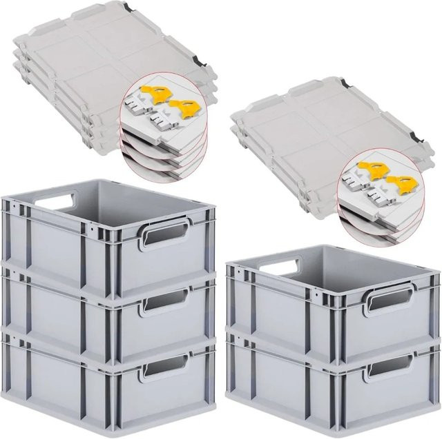 PROREGAL SuperSparSet 5x Eurobox NextGen Grip mit Scharnierdeckel und gelben Schiebeschnappverschlüssen, Grau, H x B x T: 17 x 30 x 40 cm - Bild 1