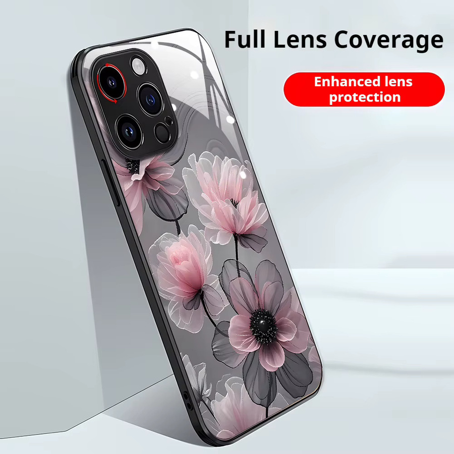 Handyhülle mit gehärtetem Glas und Blumen-Design für iPhone 11 bis iPhone 17 Pro Max, Multicolor - Bild 2