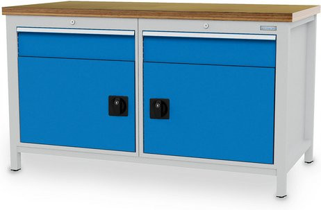 Bedrunka + Hirth Kastenwerkbank aus Stahl und Holz in Grau und Blau, B/H/T: 150 x 85,9 x 75 cm - Bild 1