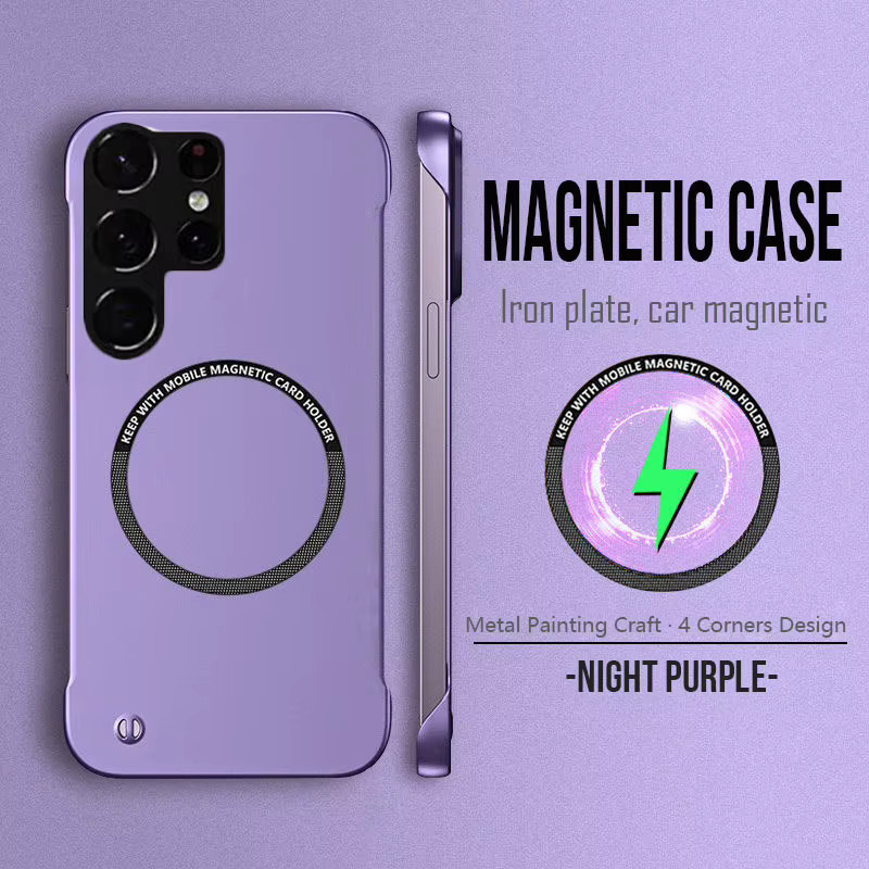 Magnetische Metallmalerei Handyhülle für Samsung S23 FE, S24, S25 Ultra, S24 Ultra und S25 Plus, rahmenloses Wireless Charging Cover in Schwarz und Lila - Bild 1