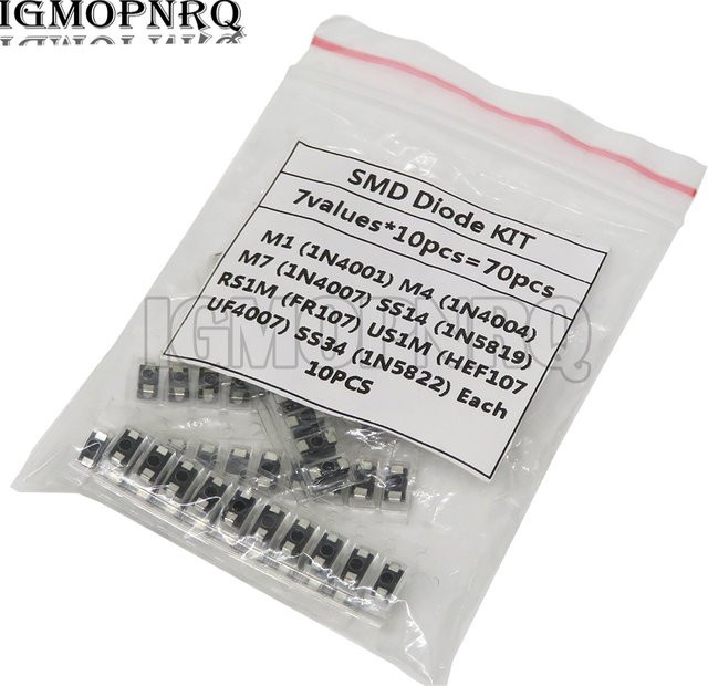 SMD-Dioden Set mit 7 Typen und 70 Teilen: M1, M4, M7, SS14, US1M, RS1M, SS34 in Silber - Bild 1