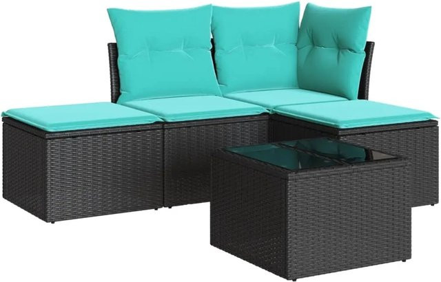 vidaXL 5-teilige Garten-Sofagarnitur in L-Form aus Poly-Rattan mit Kissen in Schwarz-Blau - Bild 1