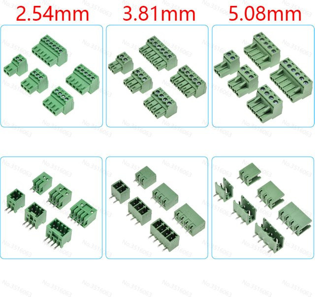 ALINSIN 10er Set Schrauben-Terminal-Block-Stecker mit Nadel-Pin-Buchse in Grün, verschiedene Pitch-Abstände 2,54 mm, 3,81 mm und 5,08 mm sowie Pin-Varianten Gerade oder Gebogen - Bild 1