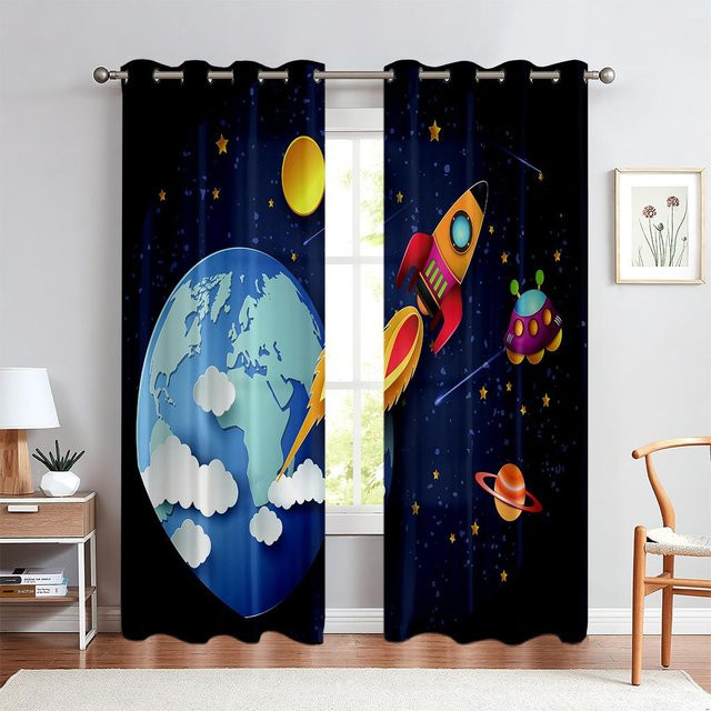 Dekorative Vorhänge mit Astronautenmuster im Cartoon-Stil, blau, lichtblockierend und wärmeisolierend, B: 100 cm, H: 130 cm - Bild 1