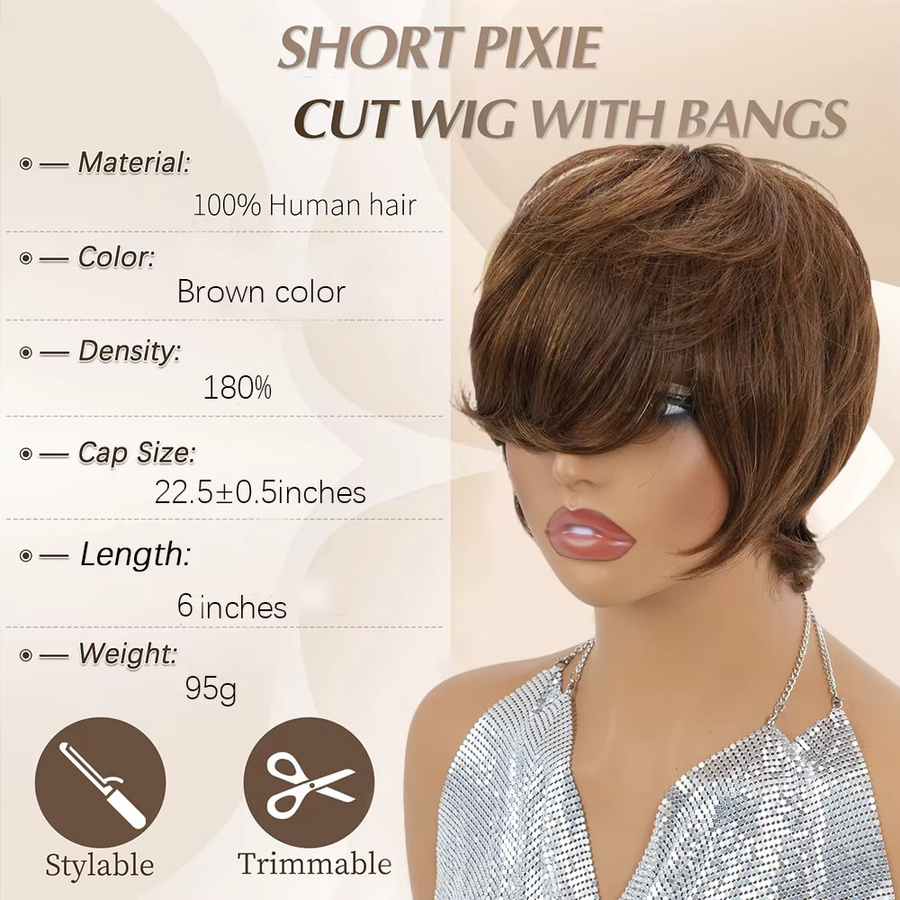 OYM HAIR Pixie-Cut-Echthaarperücke, braun, texturiert, mit Pony - Bild 3