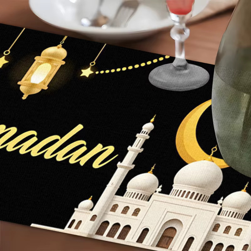 VIKAMA Tischläufer Ramadan in Schwarz-Gold mit Heißprägung, orientalisches Design aus Leinen, B/H: 90 x 33 cm - Bild 4