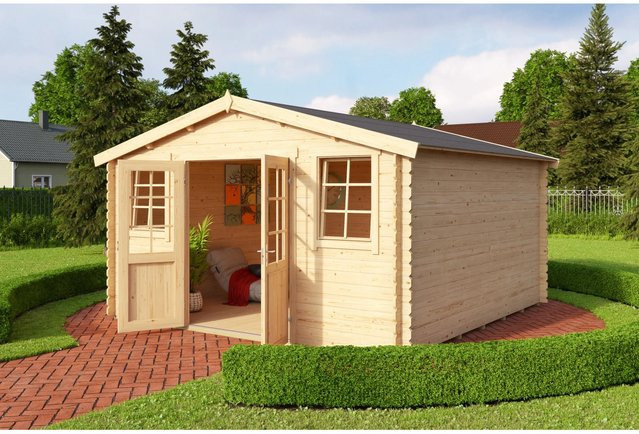 Lasita Holz-Gartenhaus Wels mit Satteldach in Blockbohlenbauweise, Unbehandelt, B/T: 390 x 390 cm - Bild 1