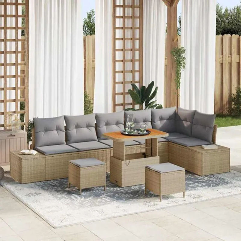 vidaxl Garten-Sofa-Set aus Polyrattan und Akazie mit 9-teiligem Kissen-Set in Beige - Bild 1