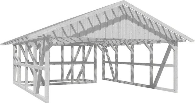 Skan Holz Carport Schwarzwald aus Fichtenholz mit Satteldach, Dachlattung und Abstellraum in Weiß, B/T/H: 684 x 772 cm - Bild 1