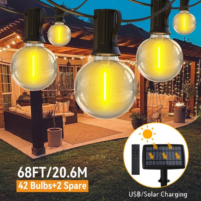 Burhui Solar-Lichterkette G40 mit LED-Kugeln in Warmweiß, wasserdichte IP65 Terrassenleuchte mit Fernbedienung für Hochzeit und Dekoration - Bild 1