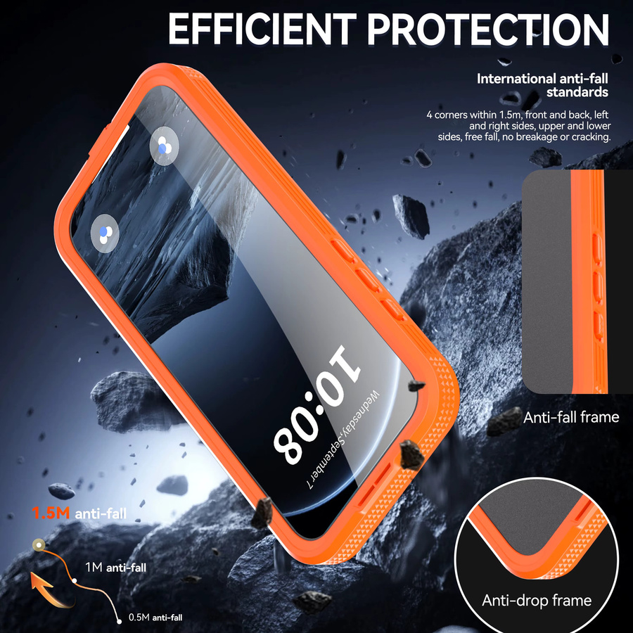 Shellbox Wasserdichte Handyhülle mit 360 Grad Rundum-Schutz und Sturzsicherung für iPhone 16 Pro Max, iPhone 17 Air, iPhone 15 und iPhone 14 Pro in Orange - Bild 6