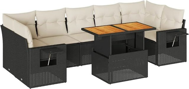vidaXL 8-teilige Garten-Sofagarnitur aus Poly-Rattan und Akazienholz in Schwarz-Creme mit Kissen - Bild 1