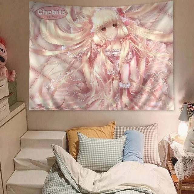 VIKAMA Wandteppich mit Anime-Mädchen in rosa Lolita-Kleid, ästhetischer Wandbehang für Gaming-Raum und Wohnzimmer, Breite: 60 cm, Höhe: 40 cm - Bild 1