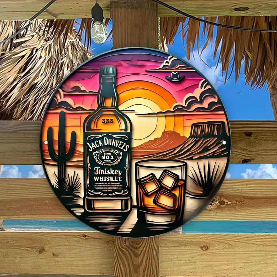 Potdemiel Vintage Whiskey Sunset Metallwandkunst aus Aluminium mit westlicher Wüstenlandschaft, rund, Durchmesser: 19,99 cm - Bild 4