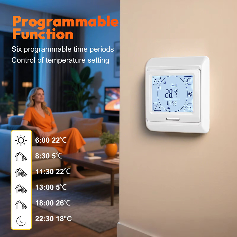 Conentool Smart Home Thermostat für elektrische Fußbodenheizung, programmierbarer digitaler LCD-Temperaturregler, 16A, Weiß - Bild 2