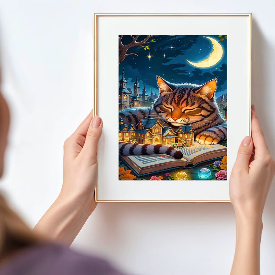 Huacan Diamantgemälde Katzenhaus und Mond als Tierlandschaft Diamantmosaik in Mehrfarbig - Bild 3