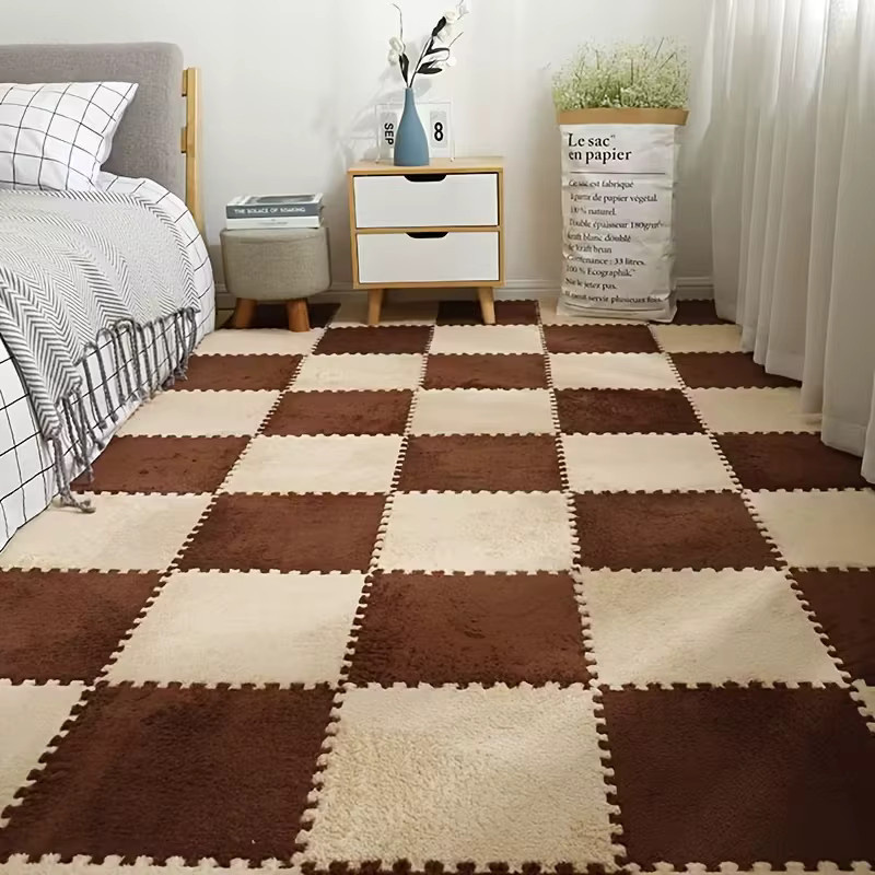DHDH 16-teilige Spielmatte aus weichem Plüsch in Braun, quadratische Anti-Rutsch Schutzmatte für Kinder und Schlafzimmer - Bild 3