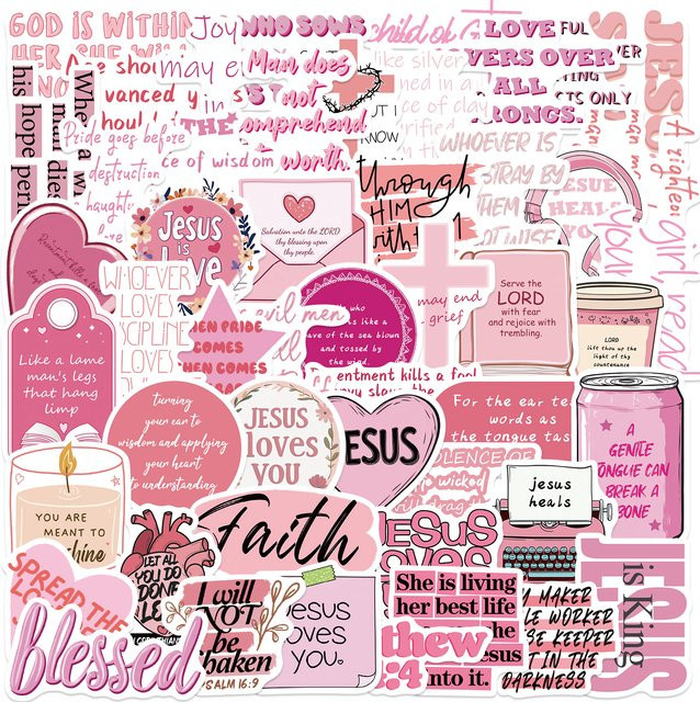 50 oder 100 Stück Rosa Bibel Jesus Wasserfeste Aufkleber für DIY Gepäck Notizbuch und Skateboard - Bild 1