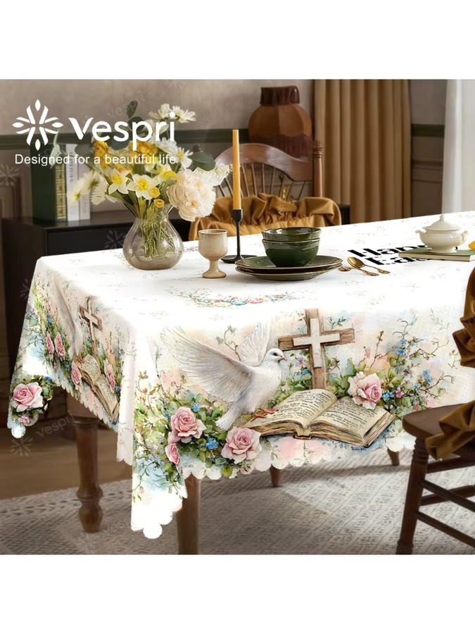 Vespri Oster-Tischdecke aus Polyester mit Blumenmuster in Weiß und Rosa für Partys und Feste - Bild 5