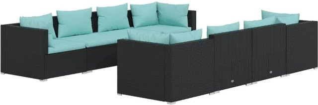 vidaXL 9-tlg Garten-Lounge-Set aus Poly Rattan mit Kissen in Schwarz und Blau mit pulverbeschichtetem Stahlgestell - Bild 1
