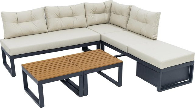 Gomyway L-Shape Gartenmöbelset in Beige mit 3-Sitzer Sofa, Couchtisch und Polsterkissen aus UV-beständigem Polyester und pulverbeschichtetem Stahlrahmen für Terrasse, Balkon und Garten - Bild 1