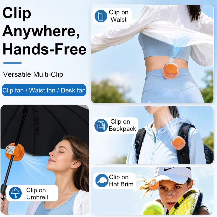 Tragbarer Mini-Clip-Ventilator von cooskr in Orange mit 3 Geschwindigkeitsstufen und wiederaufladbarem Akku für den Außenbereich - Bild 4