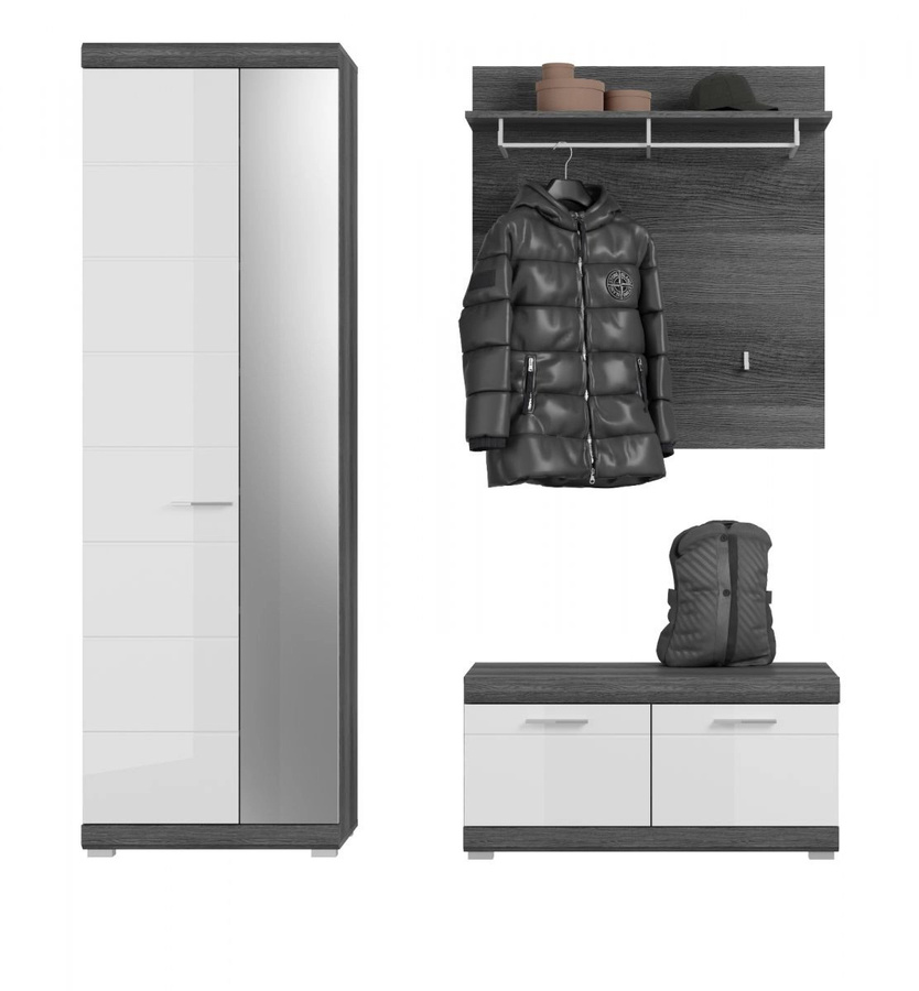 3-tlg. Garderobe Set Shawn von Inn.Furn in Weiß Hochglanz und Rauchsilber Grau mit Schuhschrank, Bank und Paneel für den Flur - Bild 2