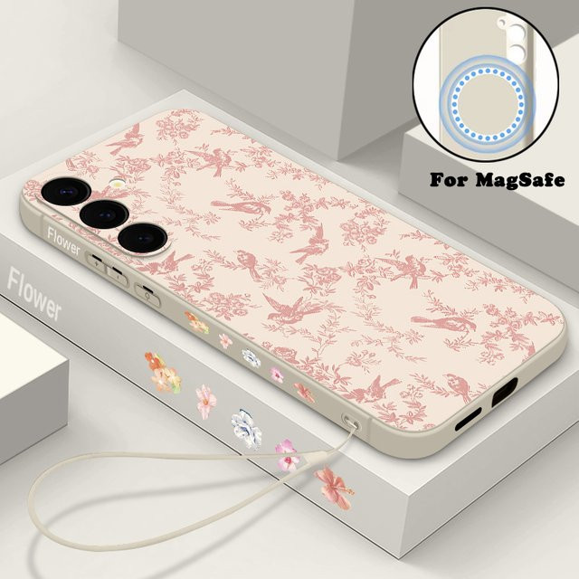 MOESOE Magnetische Handyhülle mit Retro Vogel Pflanzen Druck für Samsung Galaxy S25 S24 FE S24 S23 S22 Ultra Plus, MagSafe kompatibel, Softcover, Multicolour/Weiß - Bild 1