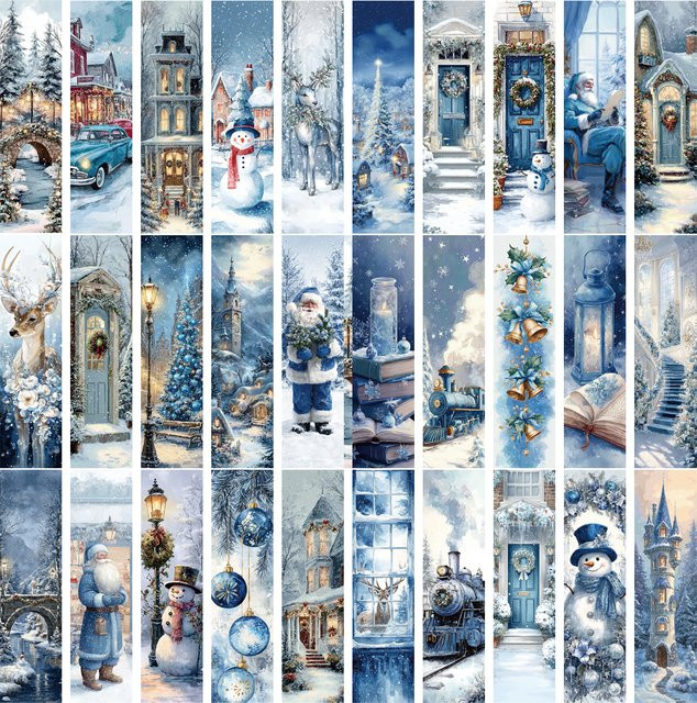 30 Stück blaue Weihnachts-Lesezeichen aus Papier mit Schloss, Schneemann, Glocke und Weihnachtsbaum als personalisierte Lesemarkierung für Erwachsene - Bild 1