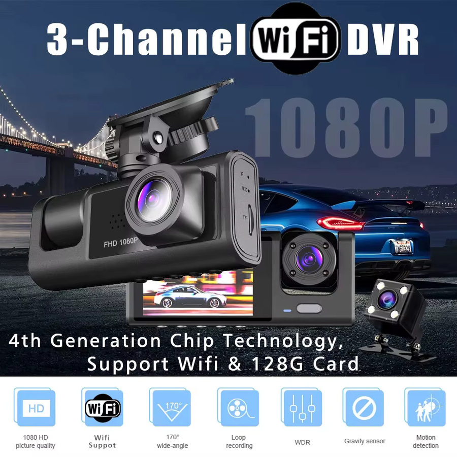 MYOLSD 3-Kanal Dashcam mit WiFi und Full HD 1080P, Auto DVR Innenraumkamera und Fahrzeug-Videorekorder, Schwarz - Bild 2